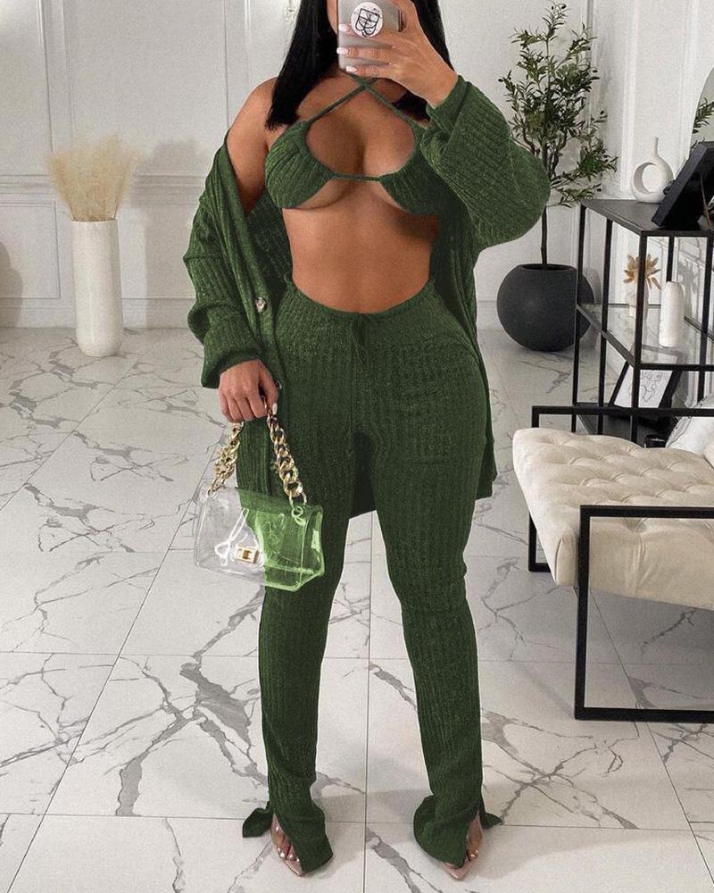 

Lantern Sleeve Buttoned Coat & Drawstring Pants Set With Bralette, Green