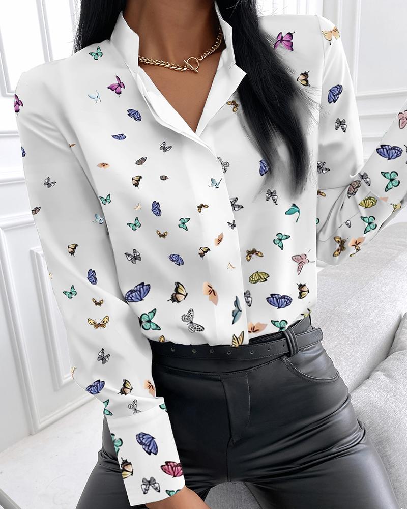 

Butterfly Print Long Sleeve Casual Shirt, White