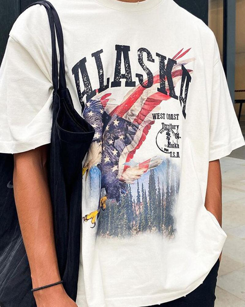 

Cartoon Eagle & Letter Print Short Sleeve T-shirt, White