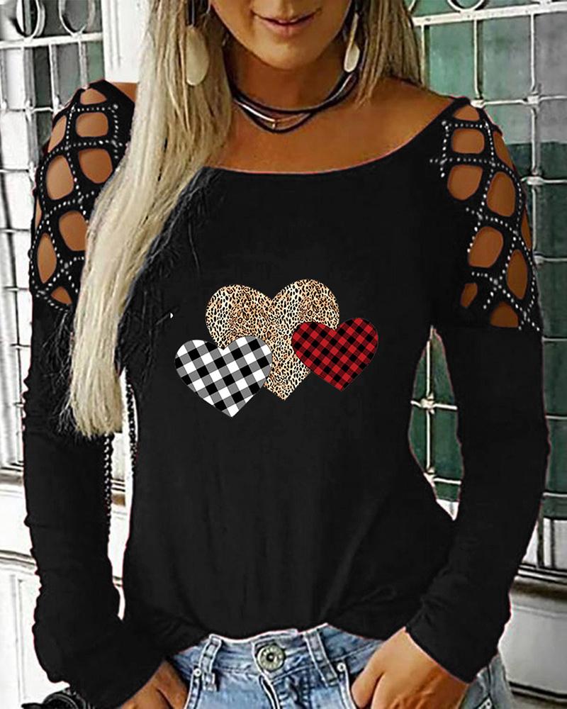 

Rhinestone Hollow-Out Heart Plaid Leopard Print Top, Black