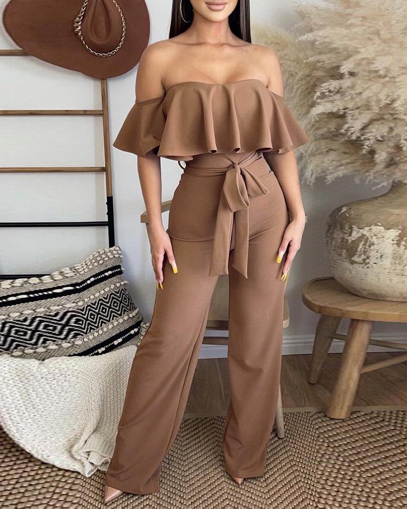 

Off Shoulder Ruffle Hem Jumpsuit, Khaki