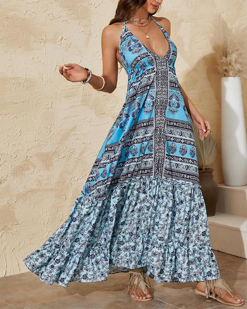 

Tribal Print Halter Backless Vintage Maxi Dress, Blue