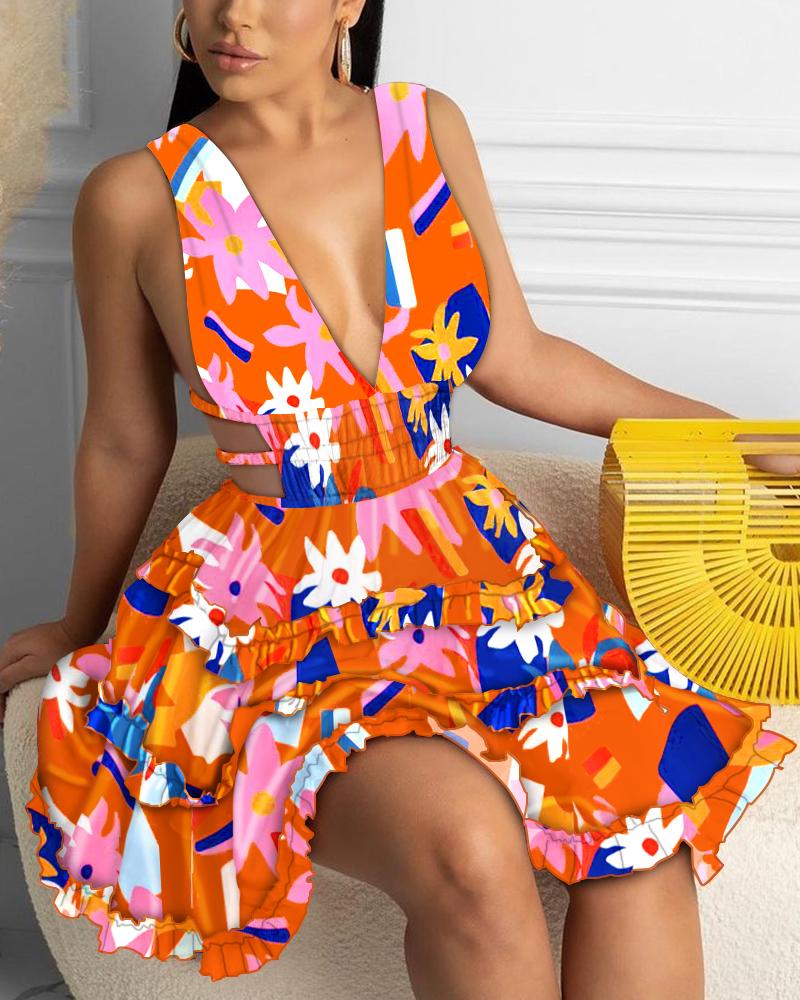 

Deep V-neck Floral Print Dress, Multicolor