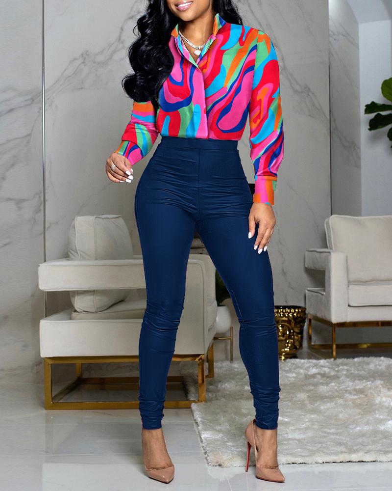 

Abstract Print Shirt & High Waist Pants Set, Multicolor