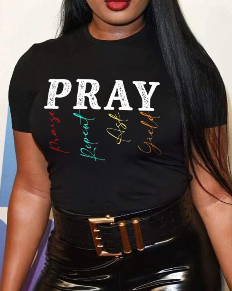 

Plus Size Pray Print Short Sleeve Casual T-shirt, Black