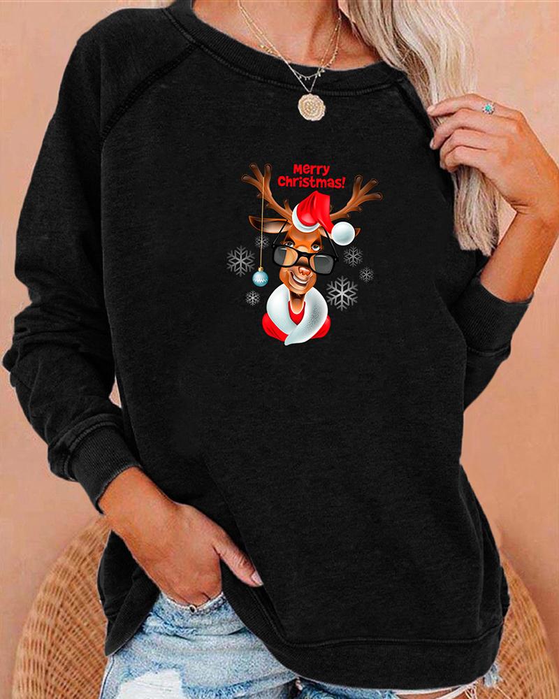 

Christmas Elk Letter Print Long Sleeve Sweatshirt, Black