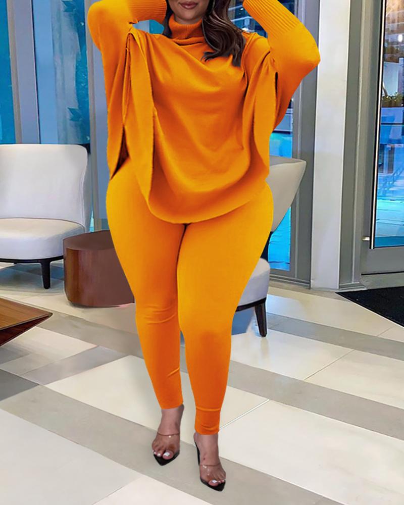 

Plus Size Ribbed Split Hem Batwing Sleeve Top & Pants Set, Orange