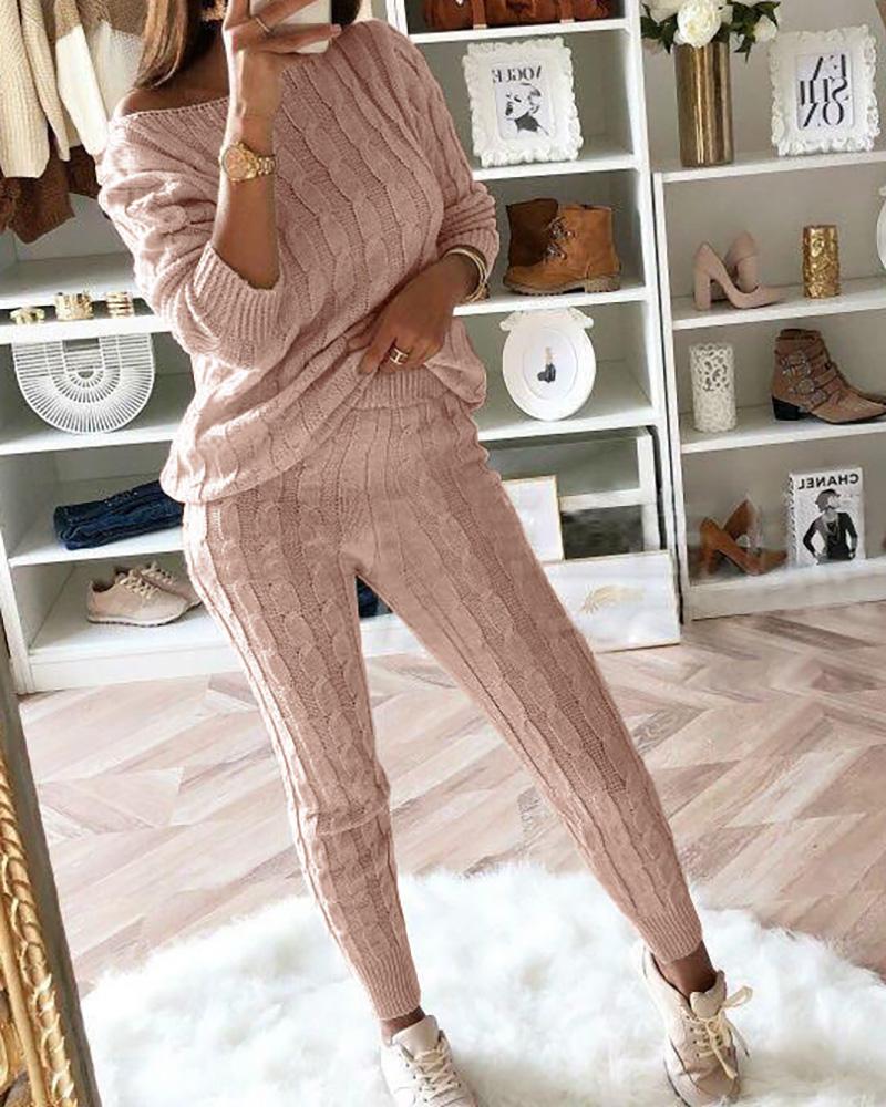 

Long Sleeve Knit Braided Sweater & High Waist Pants Set, Pink