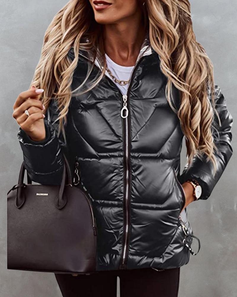 

Zipper Pocket Design Long Sleeve Hooded Puffer Coat, Black
