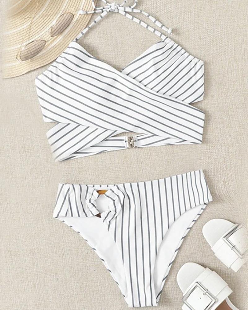 

Plain Halter Tie Detail Wrap Tankini Set, White