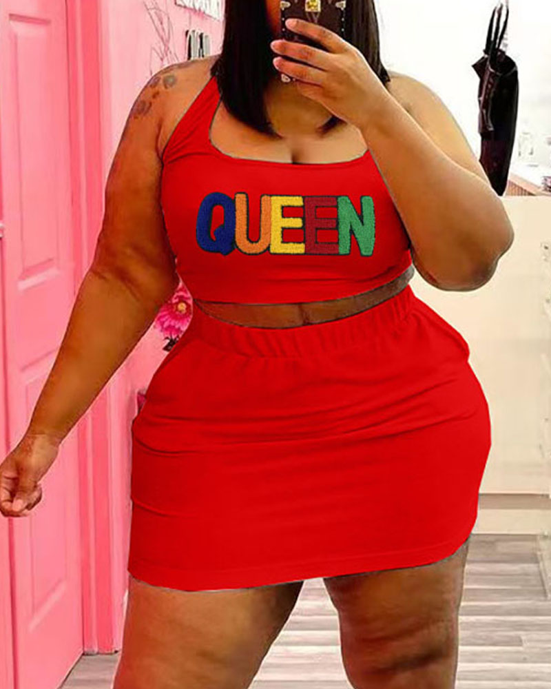 

Embroidery Letter Crop Tank Top & Skirt Set, Red