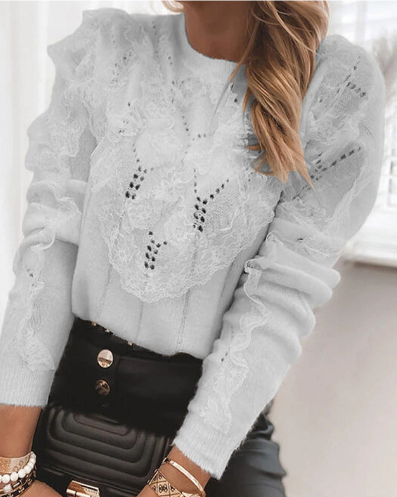 

Long Sleeve Contrast Lace Pointelle Knit Sweater, Gray