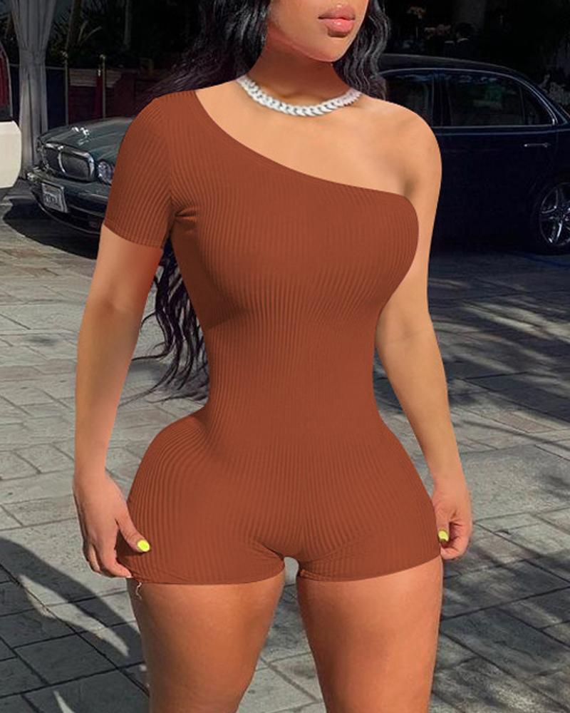 

One Shoulder Ribbed Skinny Romper, Coffee
