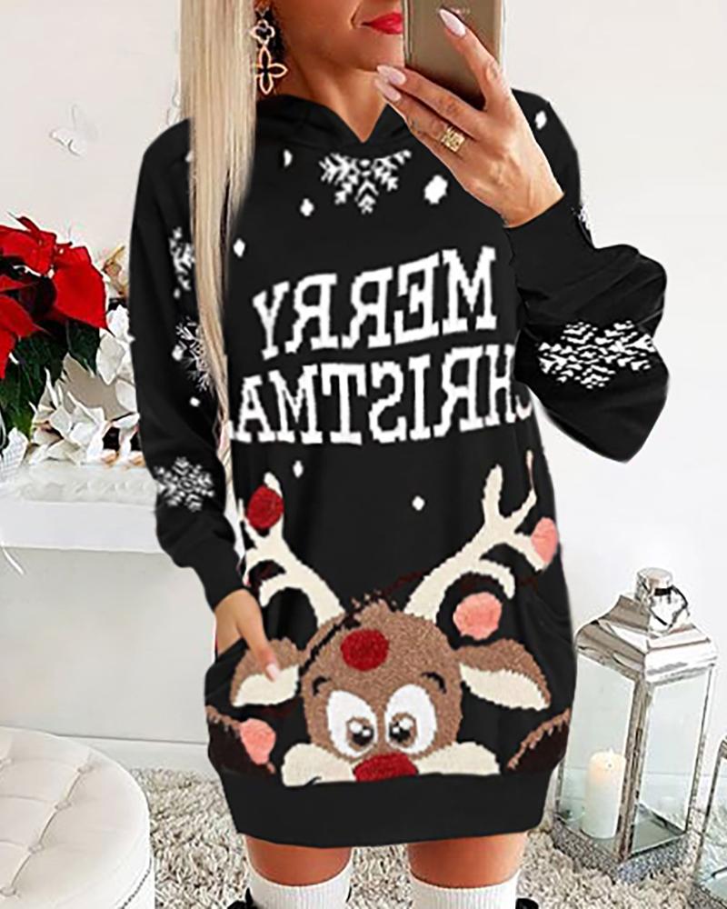 

Christmas Moose Letter Print Dress, Black