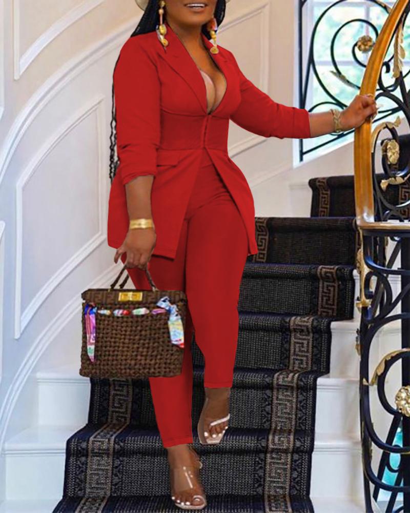 

Plus Size Hook Front High Waist Blazer Set, Red
