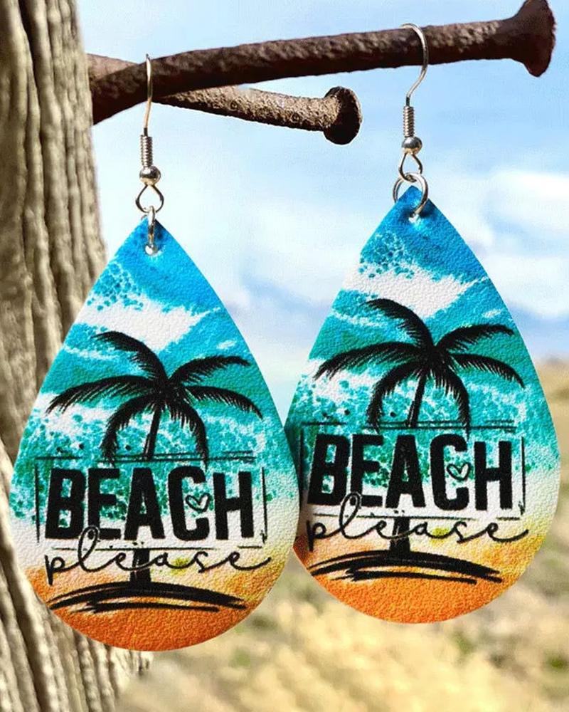 1 par de pendientes de gota de agua con estampado de playa y paisaje de árbol de coco