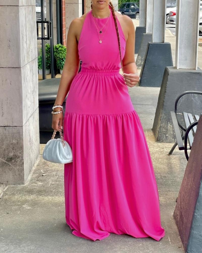 

Plain Halter Backless Maxi Dress, Hot pink