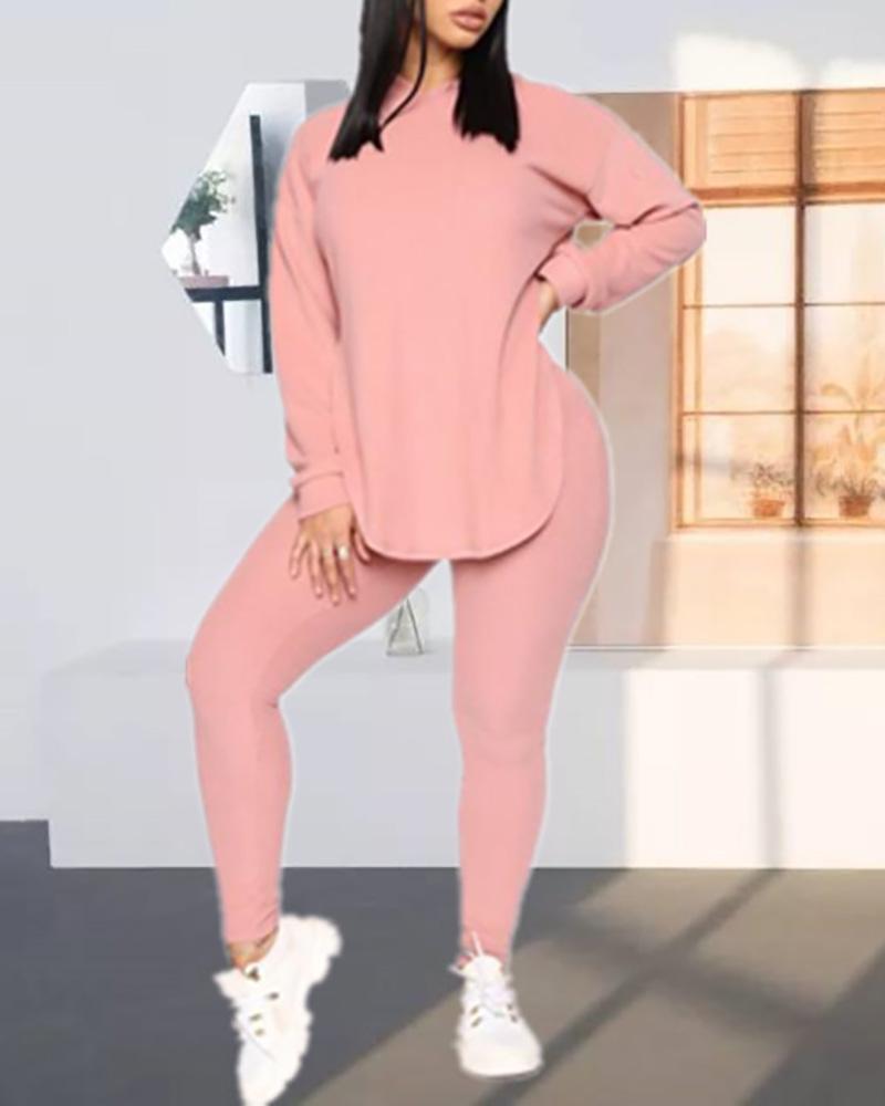 

Hooded Long Sleeve Top & Pants Set, Pink