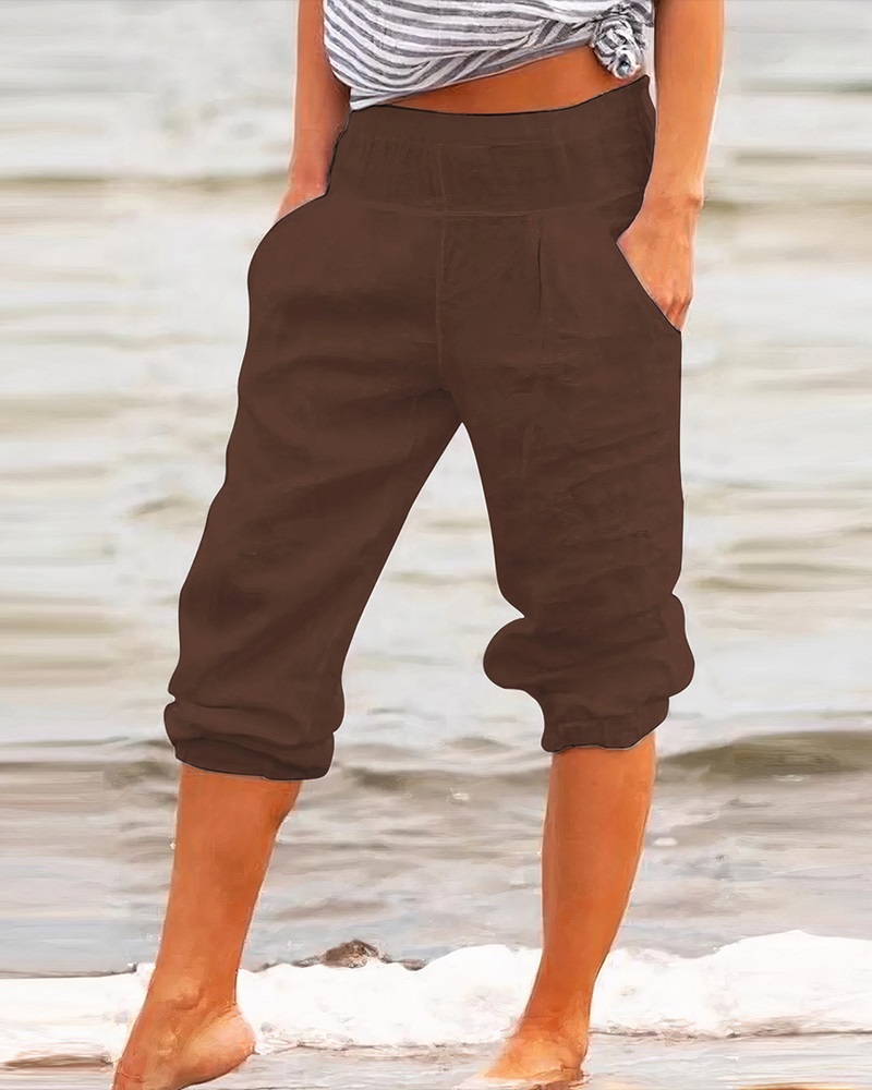 

Plain High Waist Capris Pants, Brown