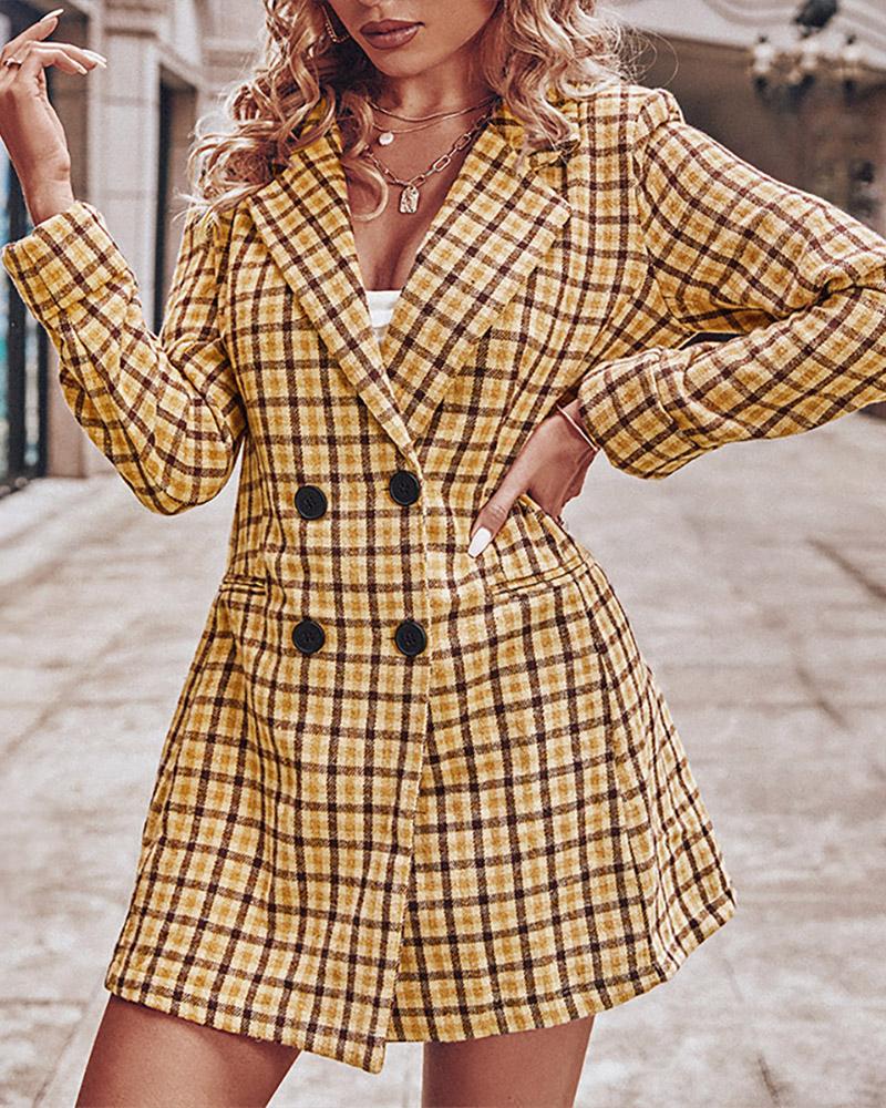 

Plaid Lapel Collar Double Breasted Blazer, Brown
