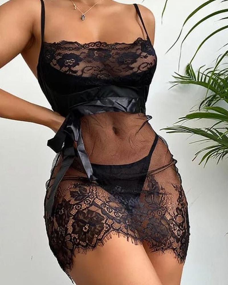 

Crochet Lace Halter Sheer Mesh Babydoll With Panty, Black