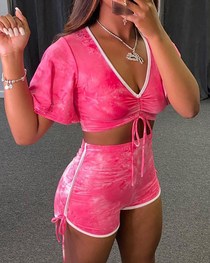 

Contrast Binding Drawstring Ruched Top & Shorts Set, Pink
