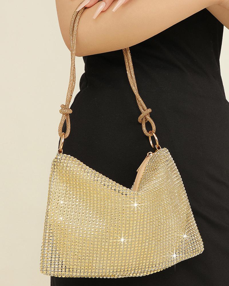 

Allover Rhinestone Zipper Design Evening Shoulder Bag, Gold