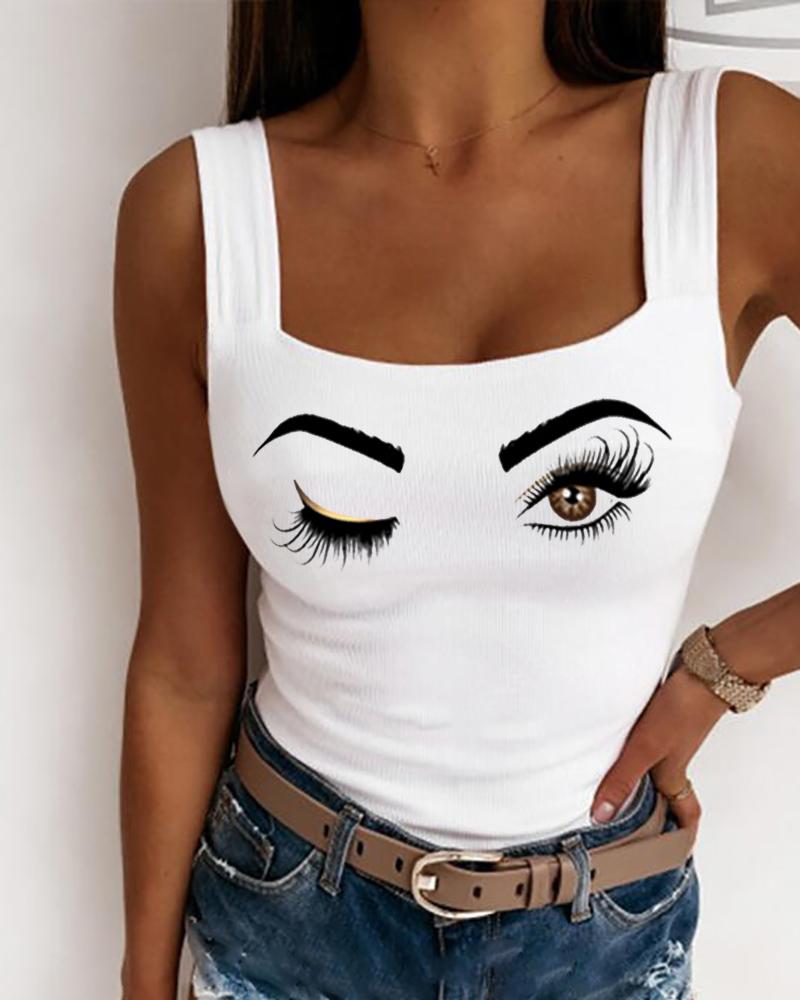 

Eyes Print Ribbed Tank Top, White