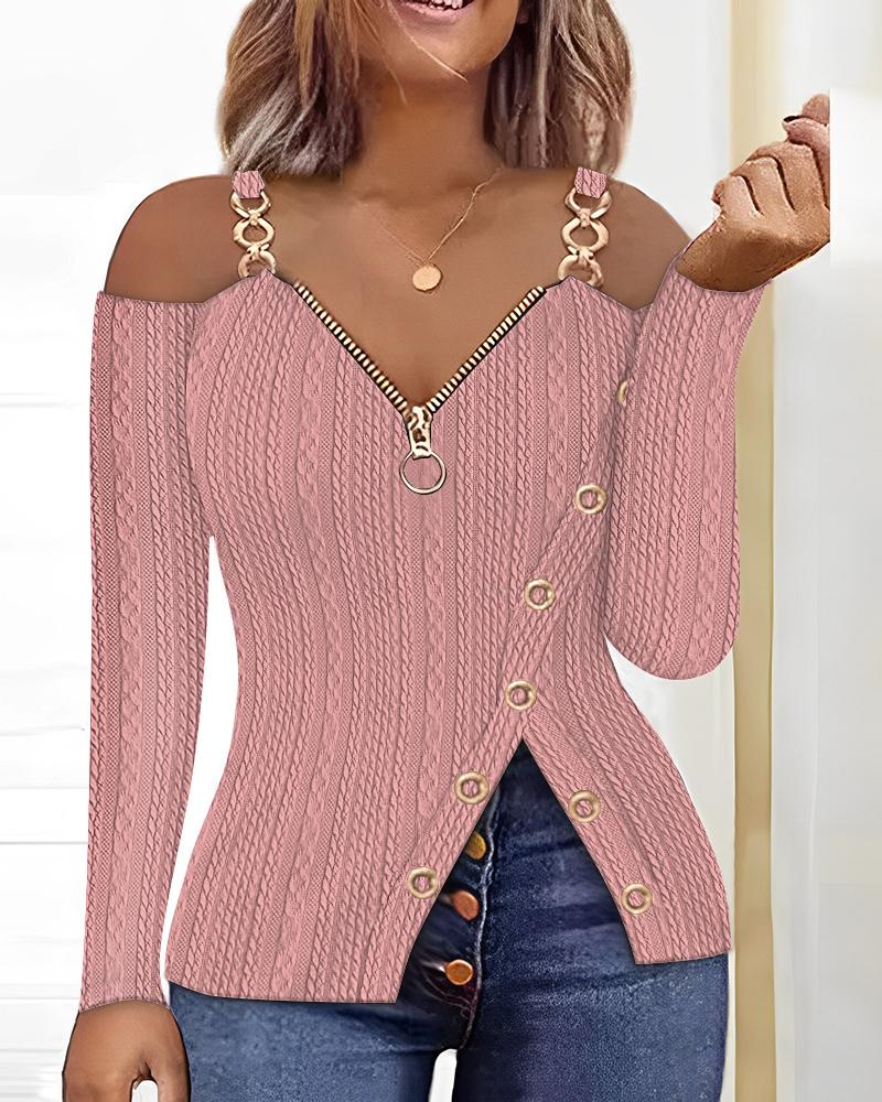 

Cold Shoulder Chain Decor Slit Cable Textured Top, Pink