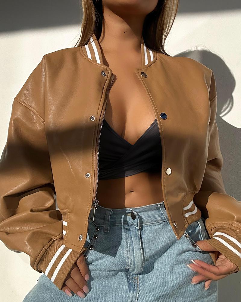 

Striped Snap Button Zipper Design Crop Bomber Jacket, Brown