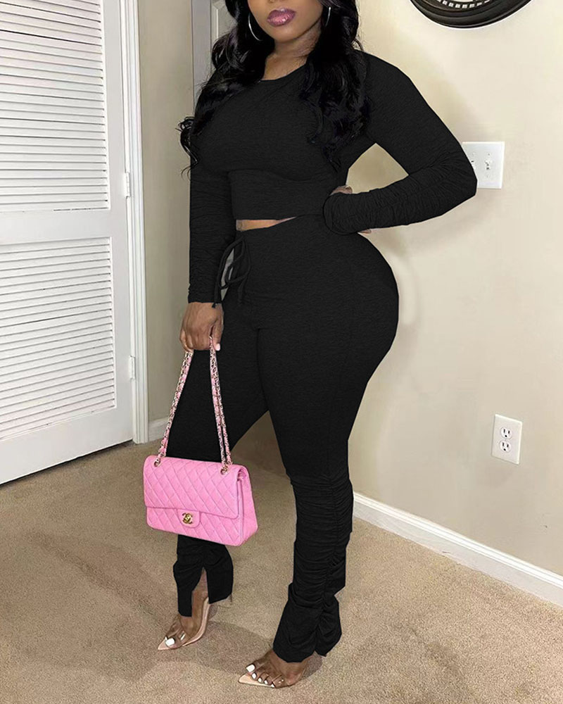 

Long Sleeve Crop Top & Stacked Drawstring Pants Set, Black