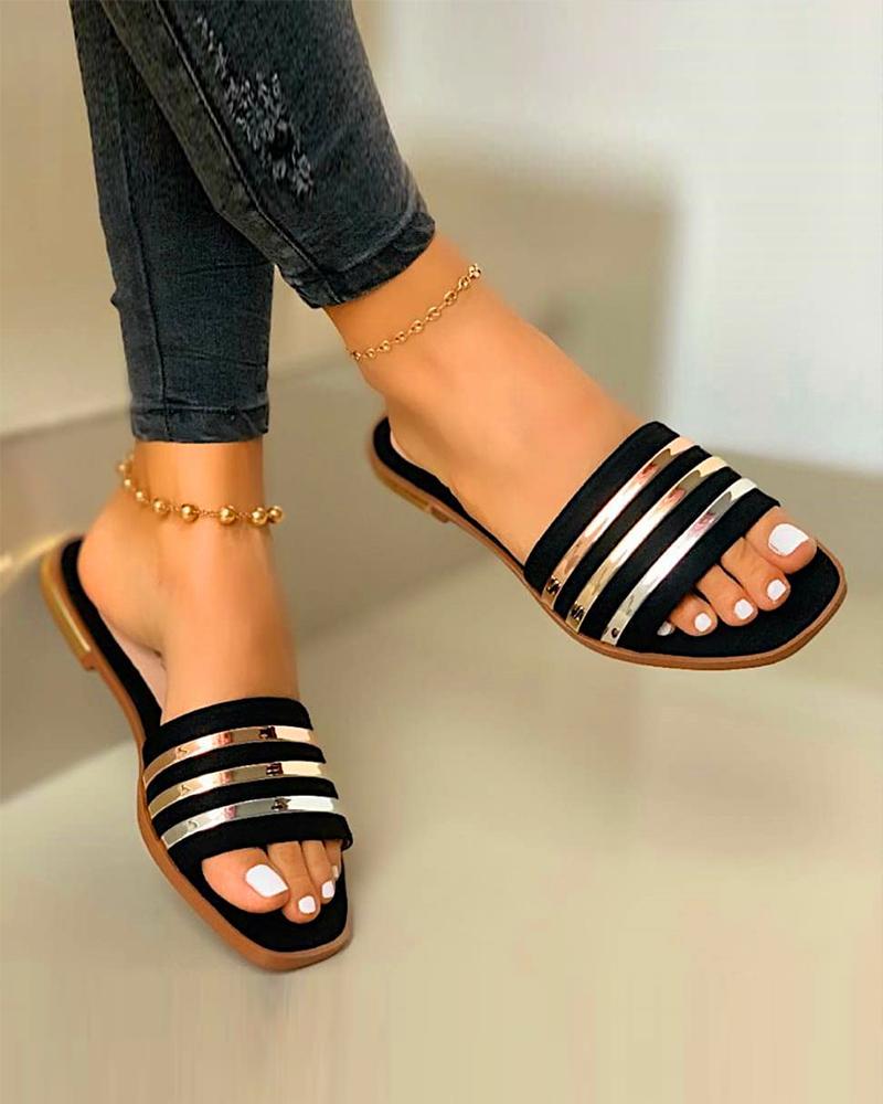 

Metallic Striped Flat Sandals, Black