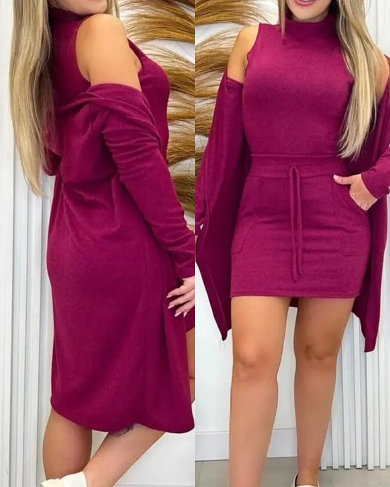 

Mock Neck Tank Top & Drawstring Skirt Set With Longline Coat, Hot pink