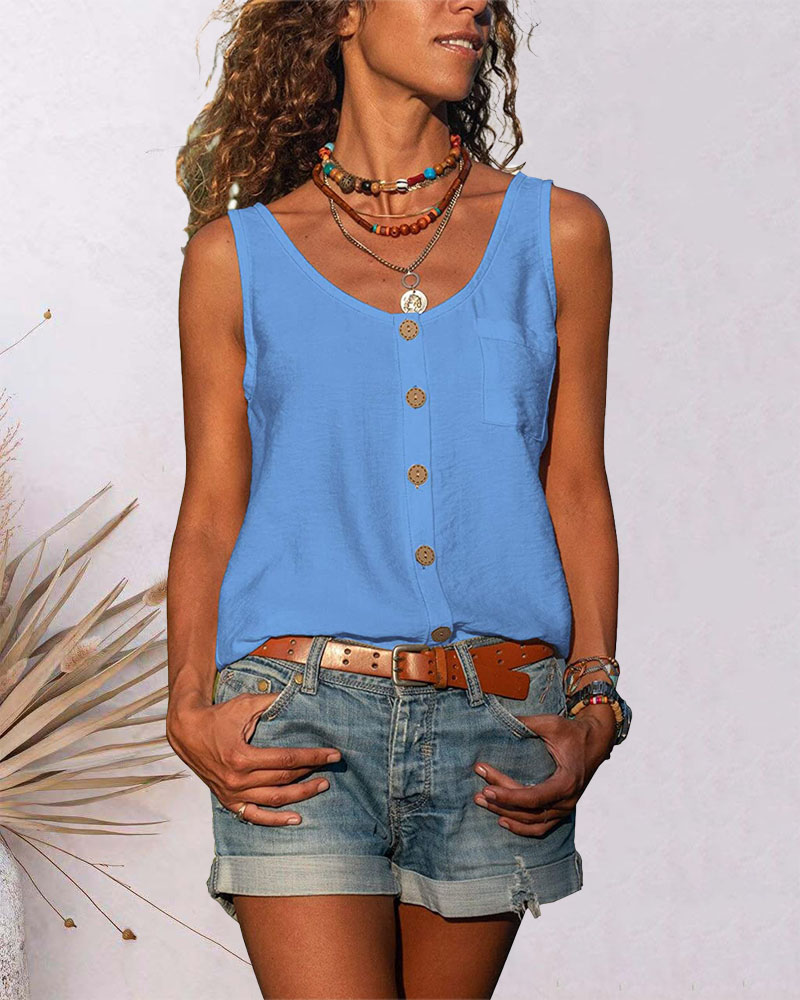 

Pocket Button Decor Casual Tank Top, Blue