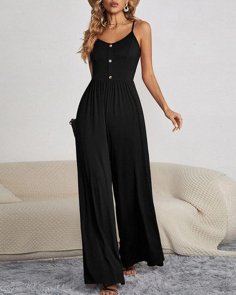 

Button Decor Spaghetti Strap Wide Leg Jumpsuit, Black