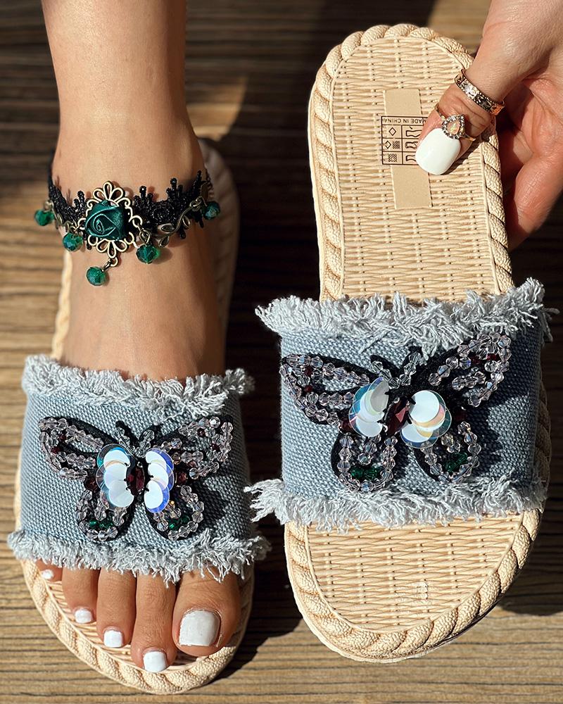 

Denim Crystal Sequin Butterfly Pattern Wide Strap Beach Slippers, Blue