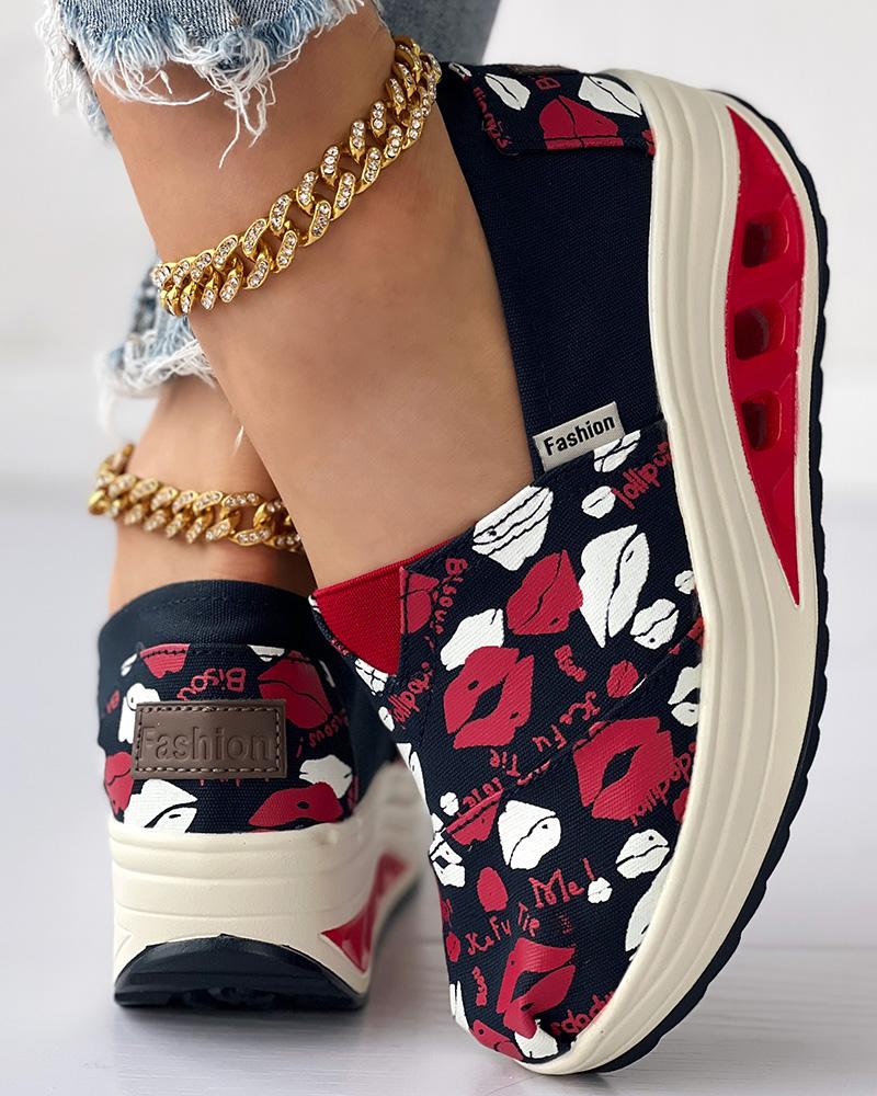 

Lip Letter Print Slip-on Sneakers, Purplish blue