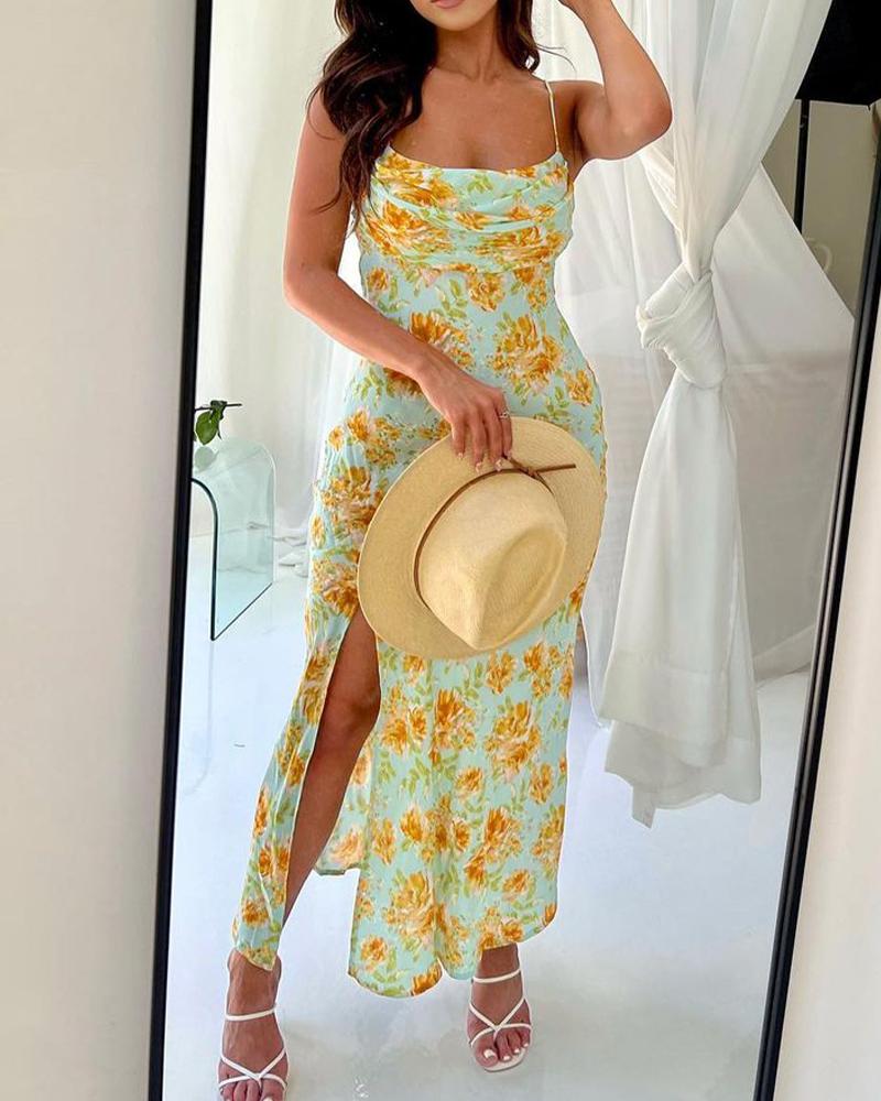 

Floral Print Split Thigh Spaghetti Strap Maxi Dress, Yellow