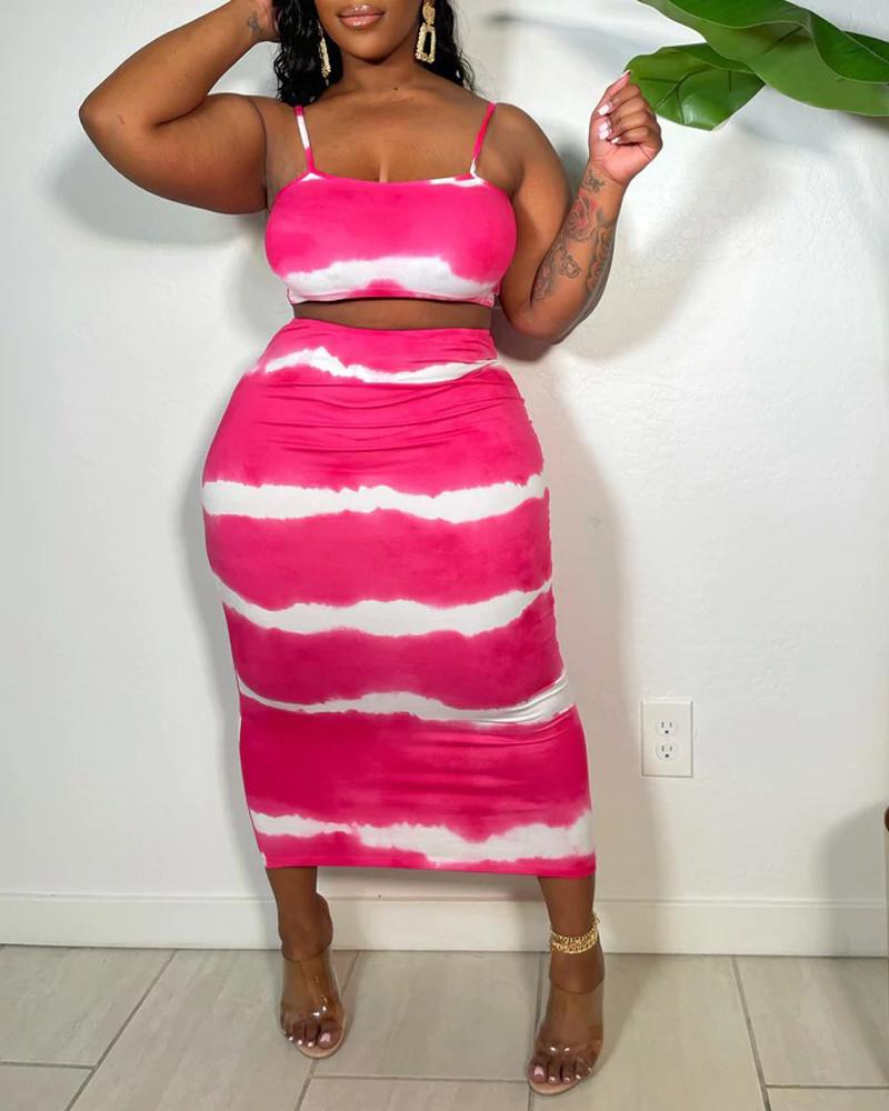 

Tie Dye Print Crop Cami Top & Skirt Set, Hot pink