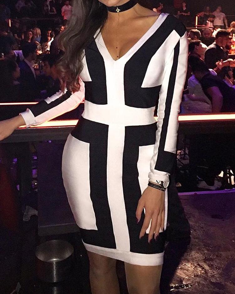 

Contrast Color Long Sleeve Mini Dress, White