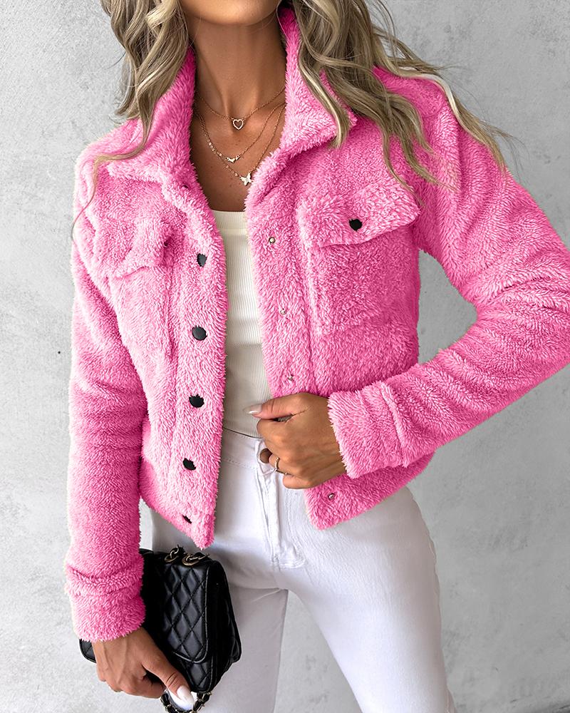 

Snap Button Pocket Design Teddy Jacket, Pink