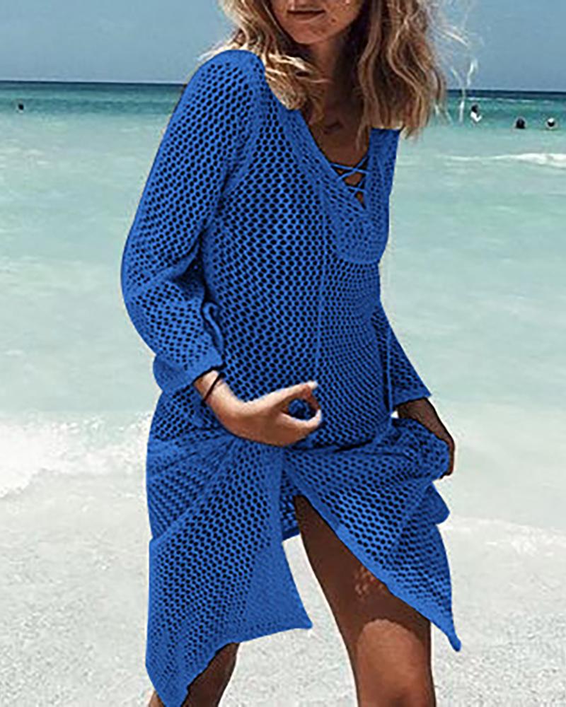 

Crochet Lace Hollow Out Bikini Cover Up Dress, Blue
