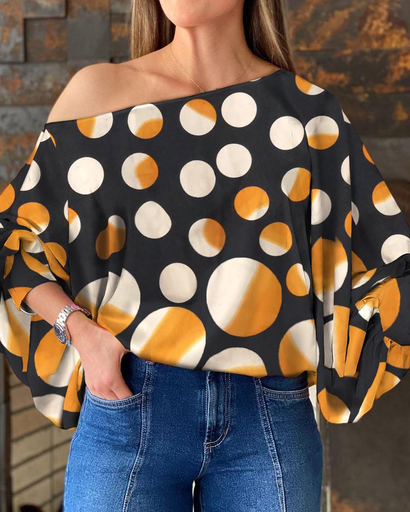 

Polka Dot One Shoulder Lantern Sleeve Top, Black