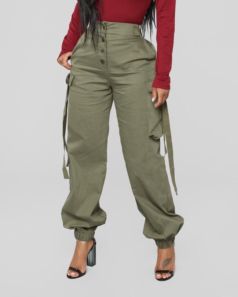 

High Waist Button Fly Cuffed Cargo Pants, Green