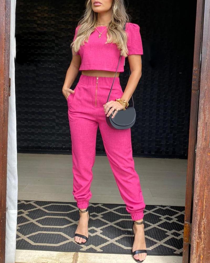 

Puff Sleeve Crop Top & Zip Front Pocket Design Pants Set, Hot pink
