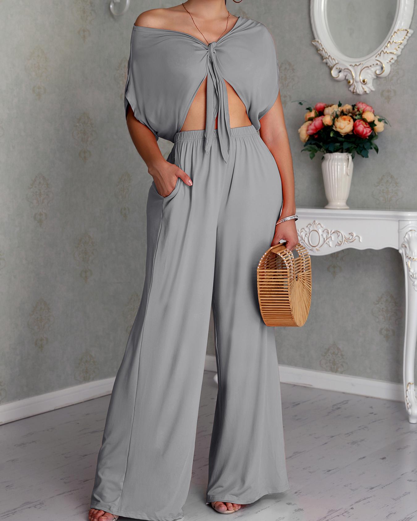 

Solid Knot Front Crop Top & Wide Leg Pants Sets, Gray