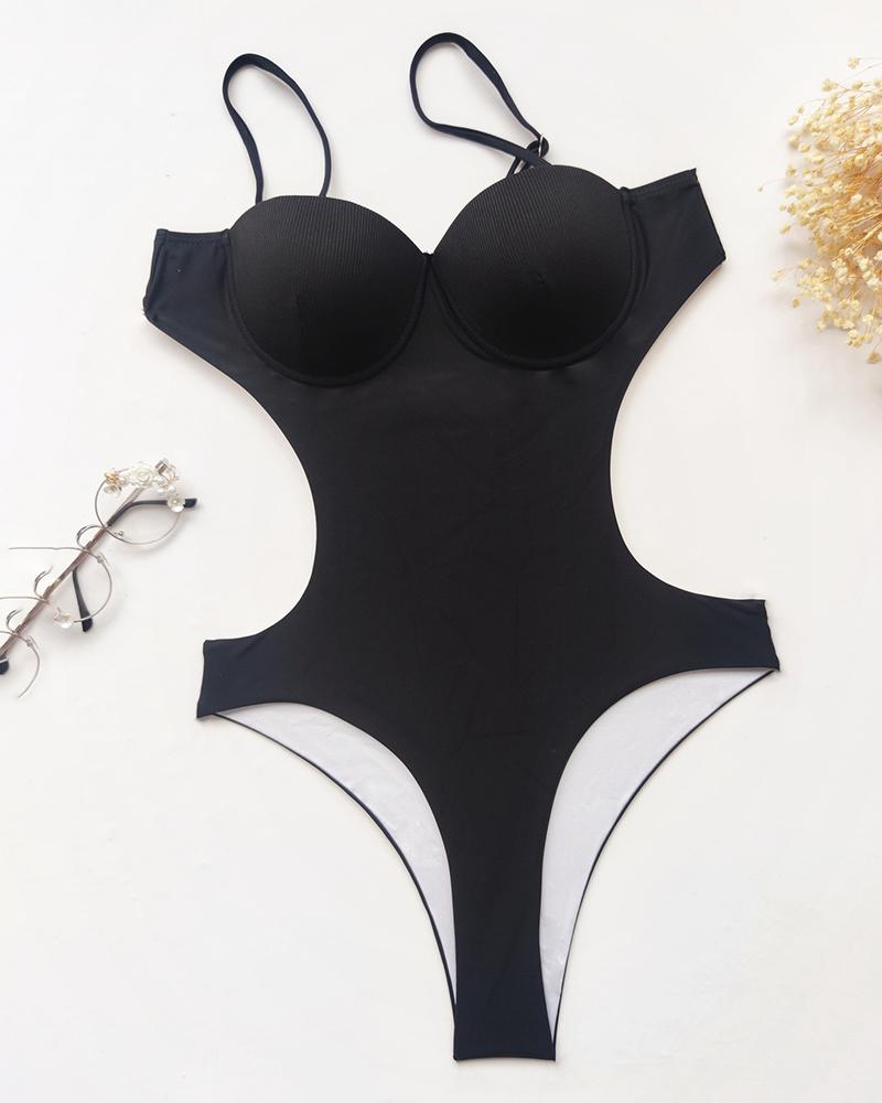 

Spaghetti Strap Cutout One Piece Swimsuit, Black