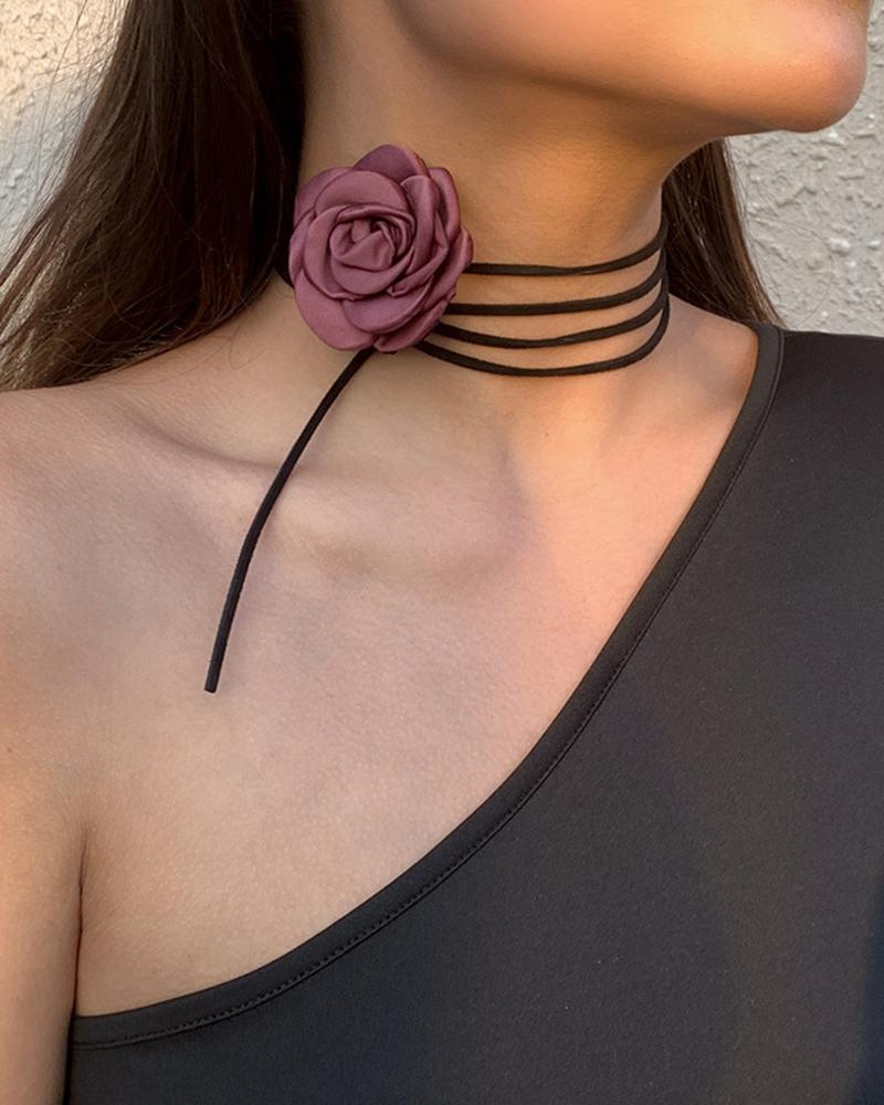

1pc Vintage Layered Tassel Rose Choker, Red bean