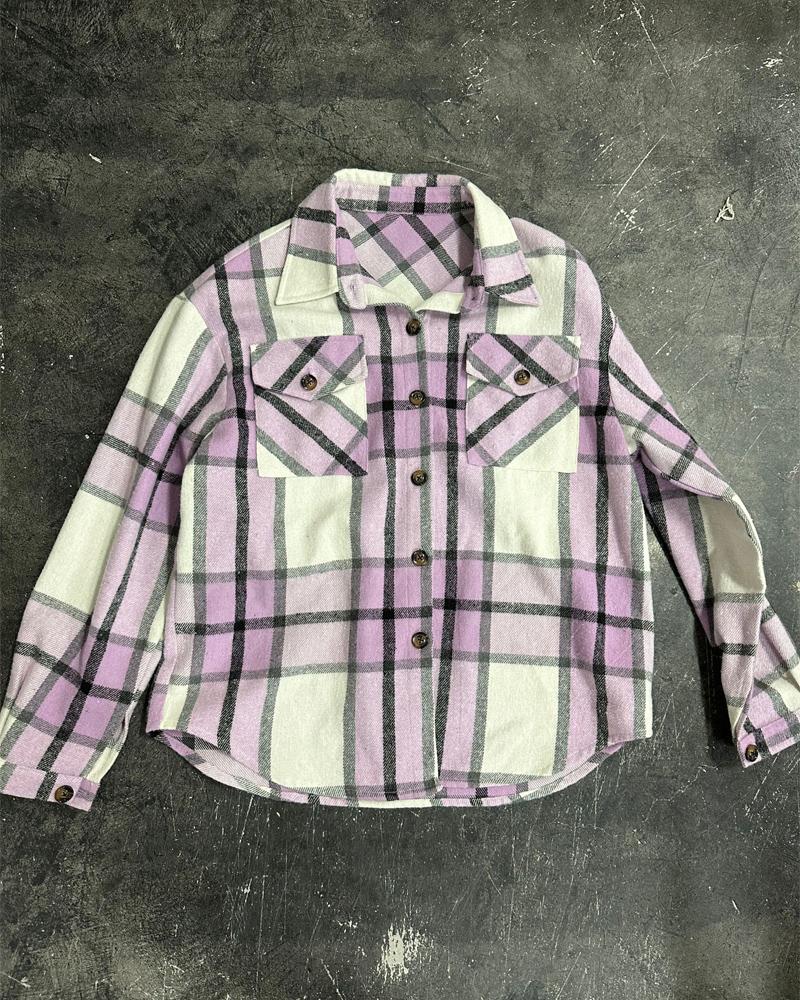 

Plaid Print Pocket Design Buttoned Shacket, Purple
