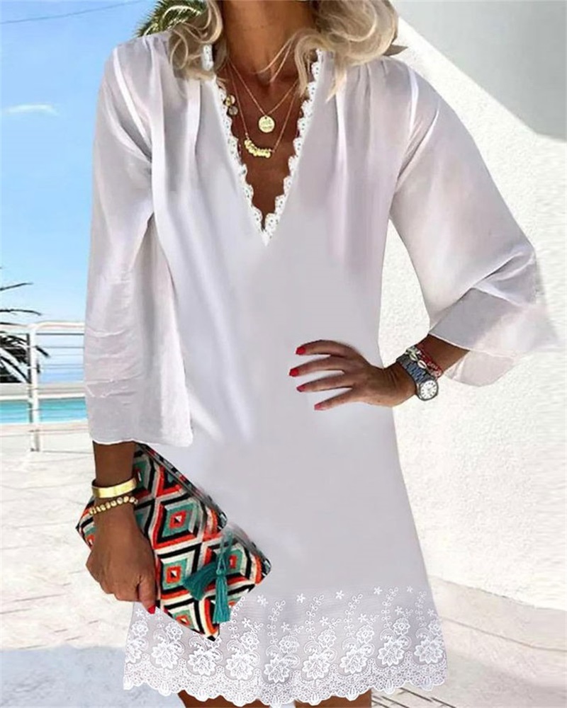 

Contrast Lace V-Neck Casual Dress, White